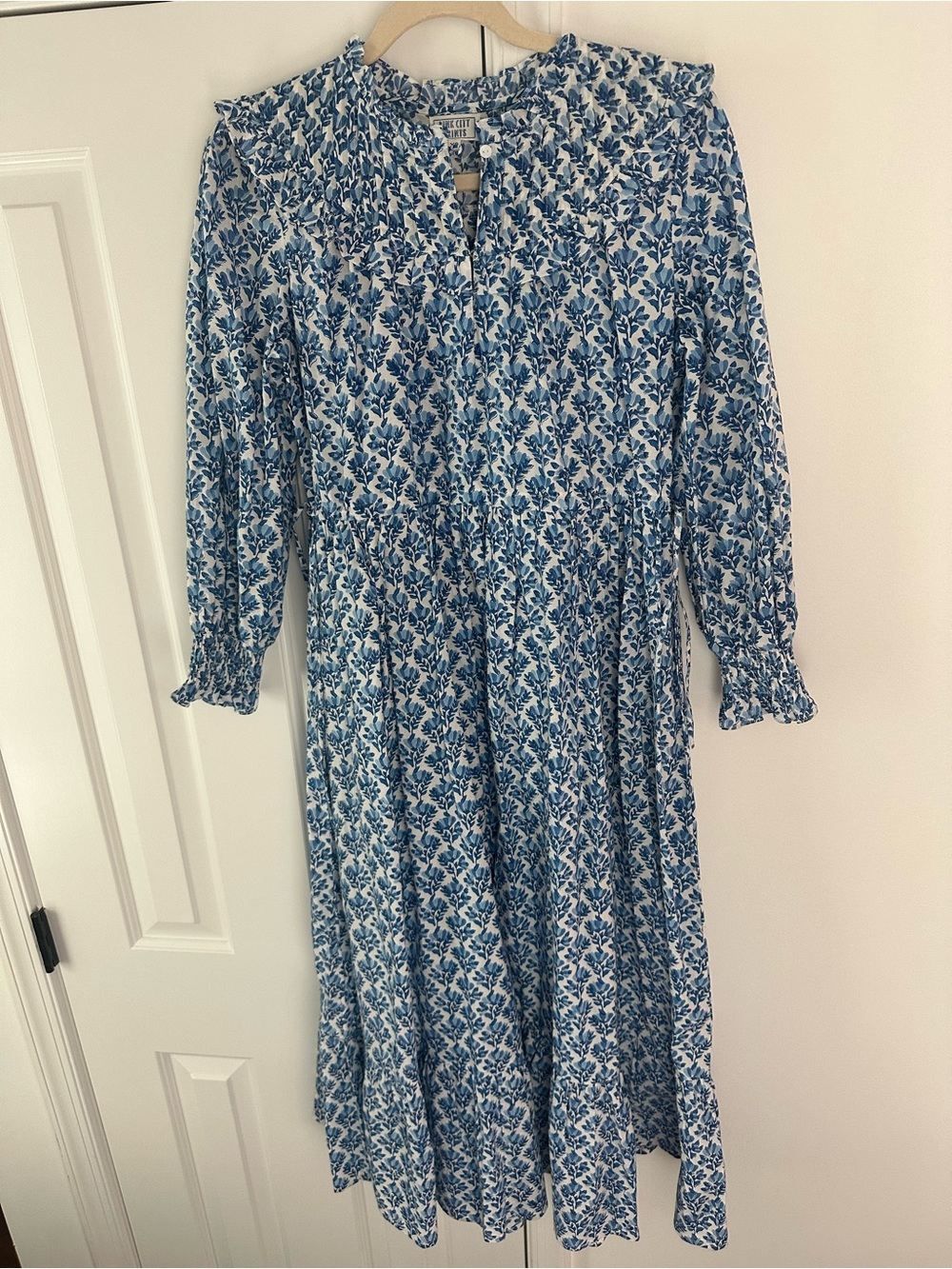 Pink City Prints blue printed long sleeve maxi dress XS NWOT